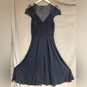 ASOS 4 navy blue chiffon flare skirt, V-neck lace upper shoulders back